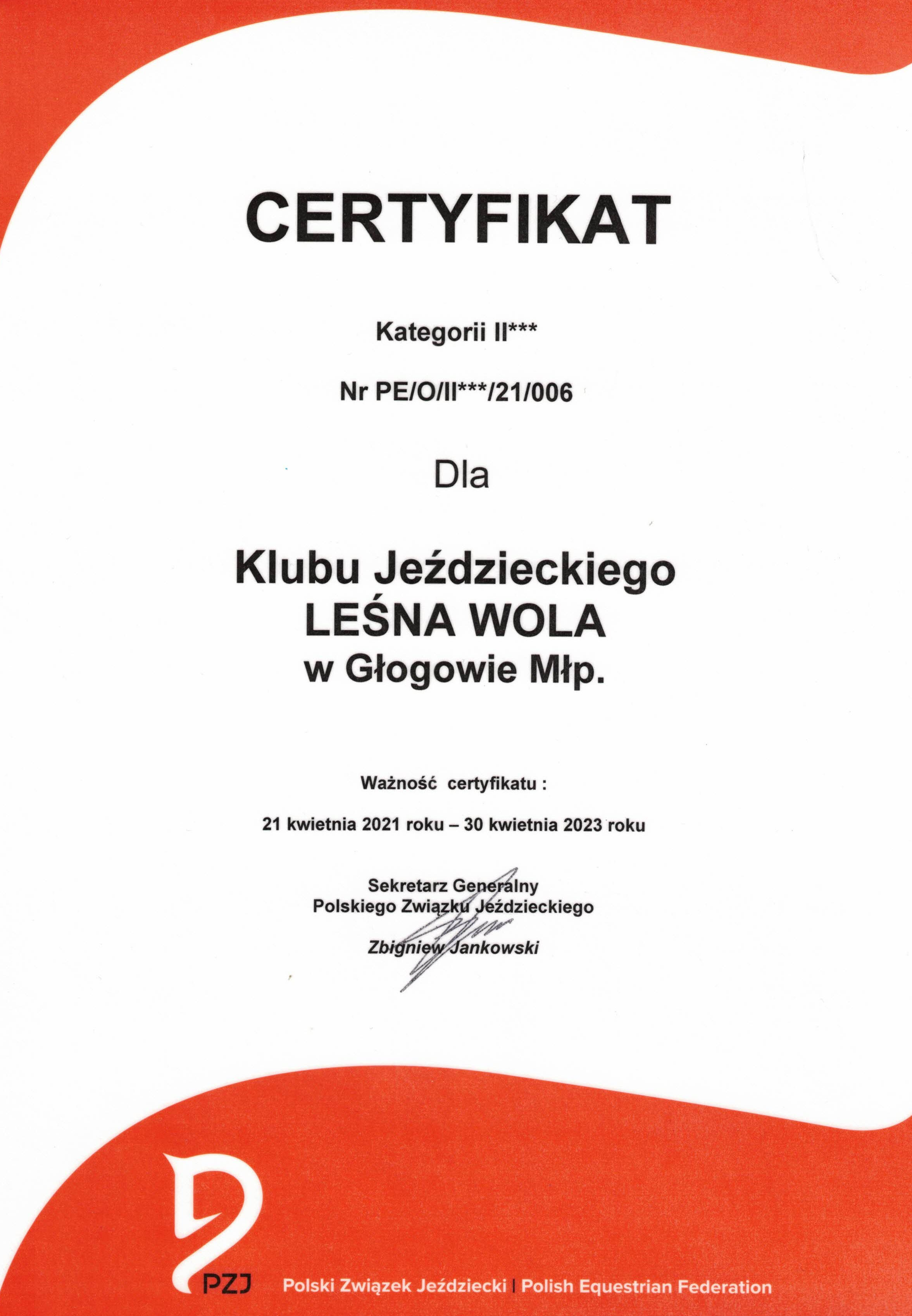 certyfikat klubu jeździeckiego